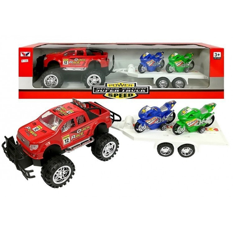 Monster Truck s vlečkou a 2 motorkami - červený